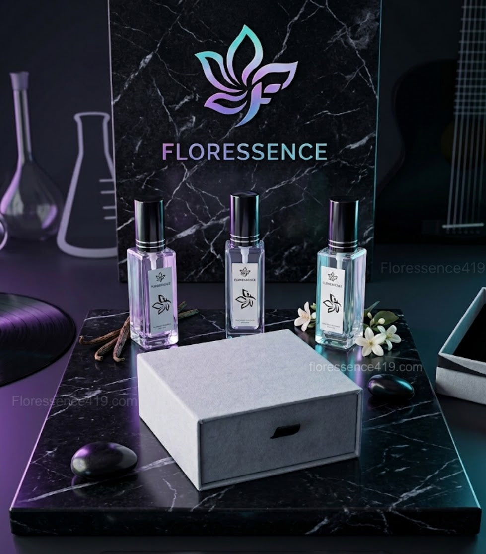 Luxury glass fragrance sample atomizers by Floressence, featuring custom minimalist branding and packaging on a modern marble backdrop.