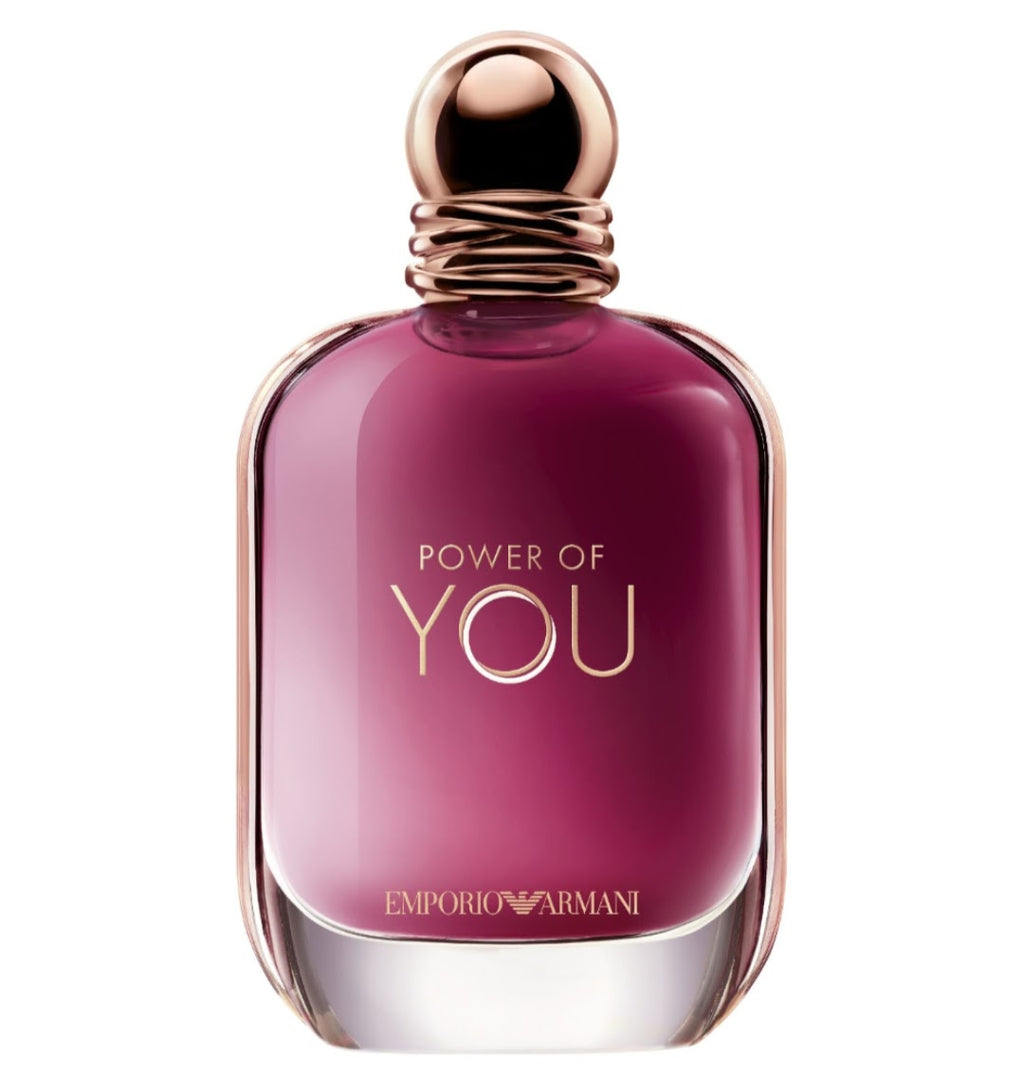 Emporio Armani Power of You Eau de Toilette bottle, featuring a deep magenta-pink glass body with rose gold metallic lettering and a matching metallic cap, set against a plain white background.
