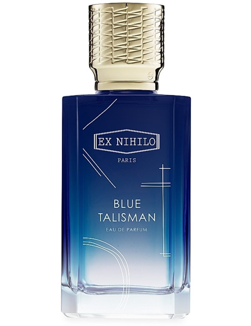 Ex Nihilo Paris Blue Talisman Eau de Parfum bottle, featuring a deep blue gradient glass bottle with a textured gold cap, on a white background.