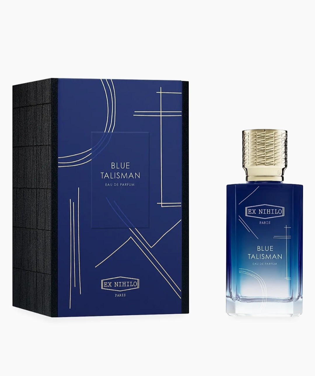 EX NIHILO Blue Talisman Eau de Parfum bottle next to its dark blue and black packaging box, featuring minimalist geometric line art on a clean white background.
