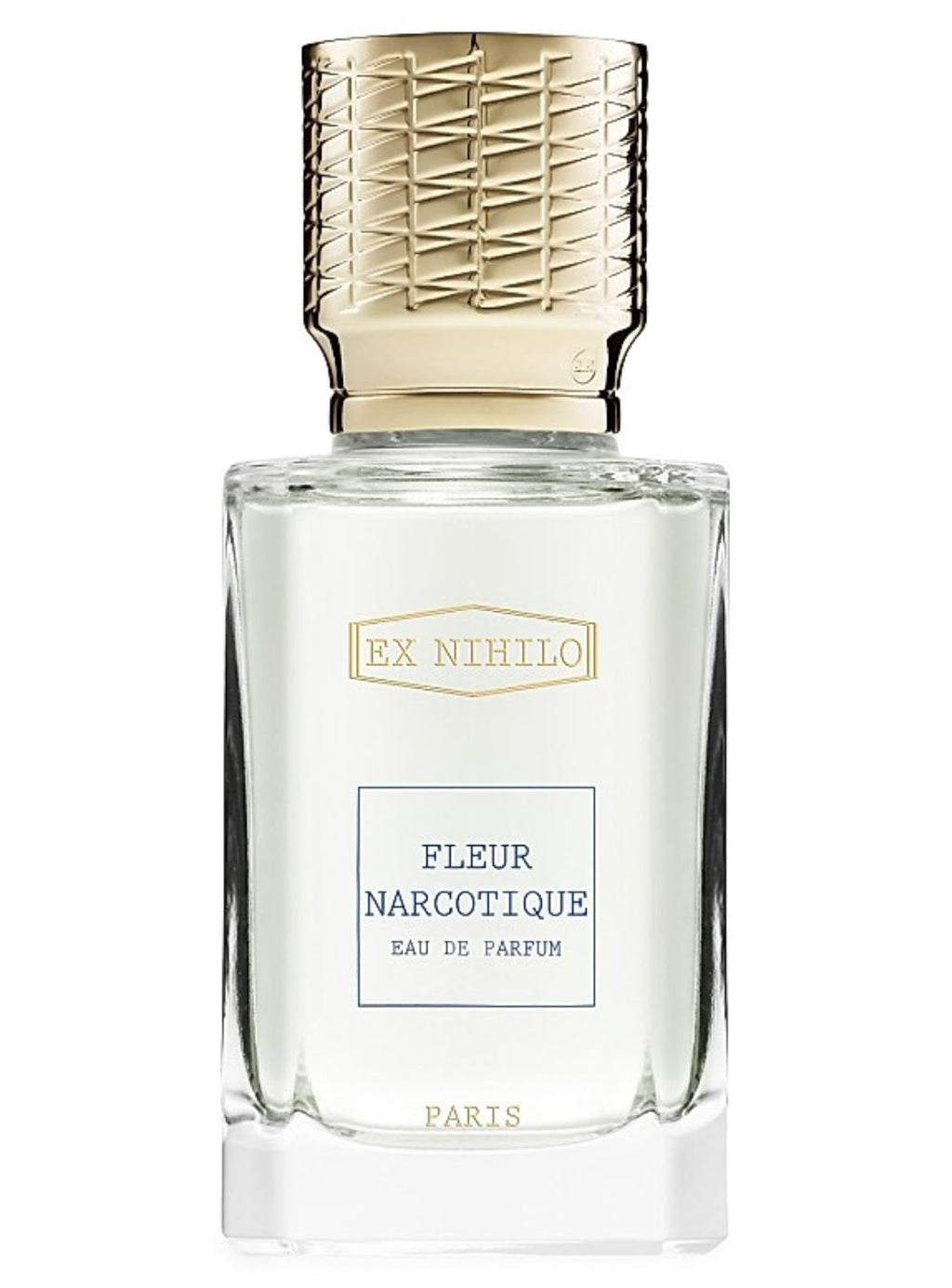 A clear glass perfume bottle with a textured gold cap, featuring a white label with gold and blue text that reads 'EX NIHILO' and 'FLEUR NARCOTIQUE EAU DE PARFUM'.