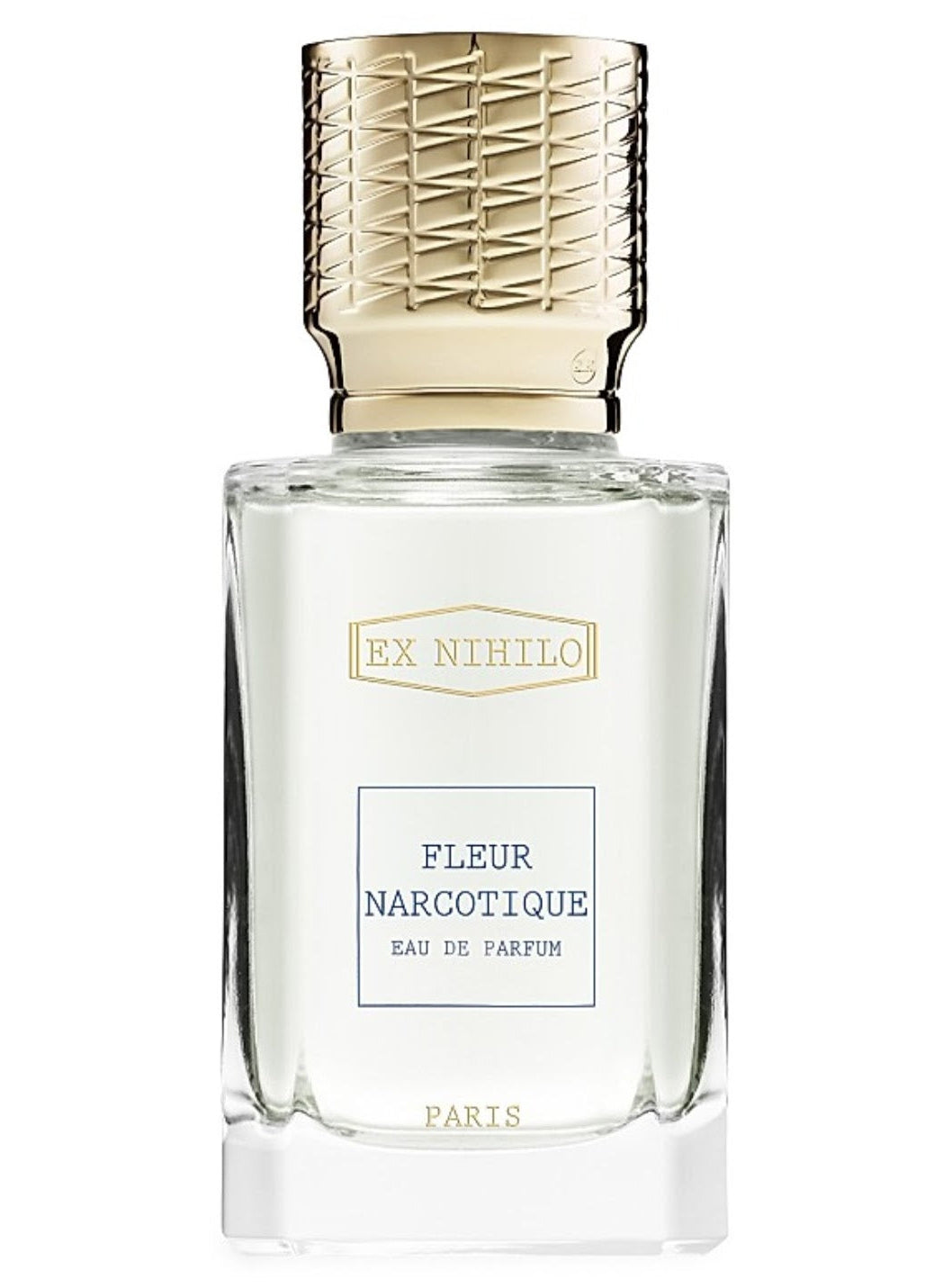 A clear glass perfume bottle with a textured gold cap, featuring a white label with gold and blue text that reads 'EX NIHILO' and 'FLEUR NARCOTIQUE EAU DE PARFUM'.