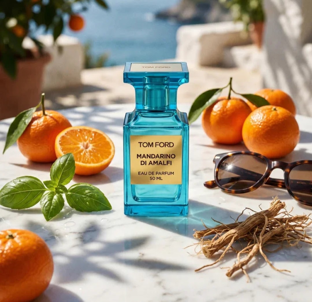 A Tom Ford Mandarina Di Amalfi Eau De Parfum bottle in a vibrant blue glass style, styled on a white marble surface with oranges, basil, sunglasses, and dried roots against a sunny outdoor background.