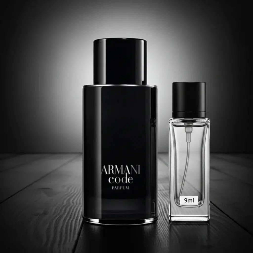 Armani Code Parfum with 9ml Atomizer beside it