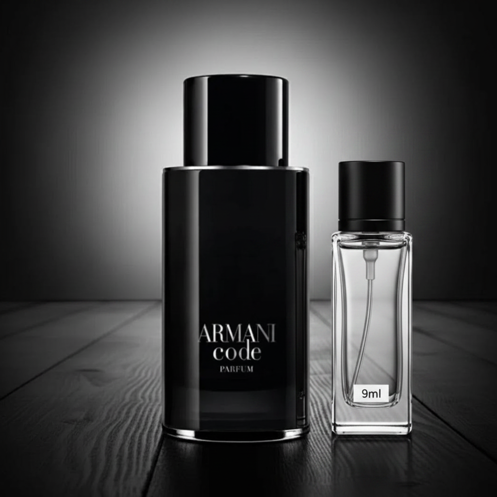 Armani Code Parfum with 9ml Atomizer beside it